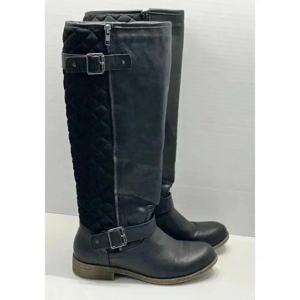 Justfab Women's Size 7 Black Faux Leather Corinthia Quilted Riding Boots Zip Up
